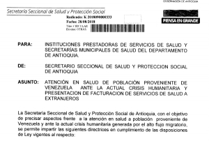 Atención en salud de población proveniente de Venezuela ante crisis humanitaria y presentación de facturación de servicios de salud de extranjeros.